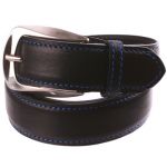 Ceinture en cuir noire � surpiqures bleues