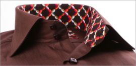 Brown shirt with multicolored patterns collar and cuffs