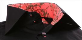 Black slim fit shirt with salmon-pink and brown patterns collar and cuffs