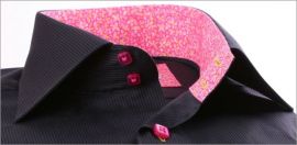 Grey and black striped shirt with pink floral collar and cuffs and pink buttons