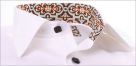 White slim fit shirt with brown and blue patterns collar and brow buttons