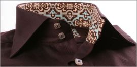 Brown slim fit shirt with beige and blue patterns collar