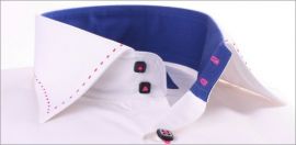 White shirt with navy blue collar and cuffs and pink selvedge