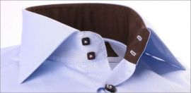 Blue shirt with brown collar, cuffs and buttons
