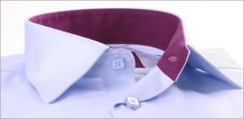 Blue french cuff shirt with purple collar, cuffs and button holes