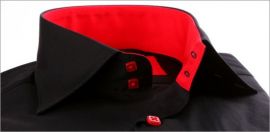 Black slim fit shirt with red collar, cuffs and buttons