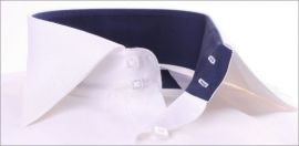 White slim fit french cuff shirt with navy blue collar and cuffs