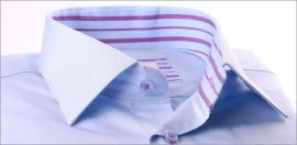 Light blue shirt with purple striped collar and cuffs