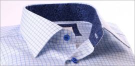 White and blue checked shirt with blue floral collar and cuffs