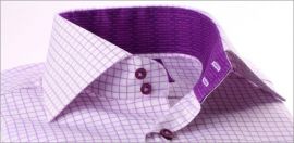 Lilac and white checked shirt with purple patterns collar and cuffs