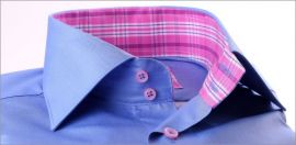 Medium blue shirt with lilac and pink checked collar and cuffs
