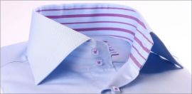 Light blue french cuff shirt with purple striped collar and cuffs