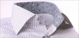 White and grey checked shirt with grey floral collar and cuffs