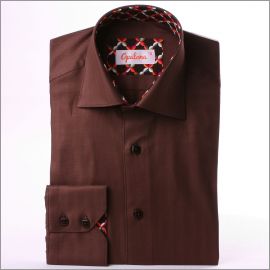 Brown shirt with multicolored patterns collar and cuffs