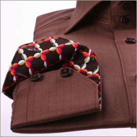 Brown shirt with multicolored patterns collar and cuffs