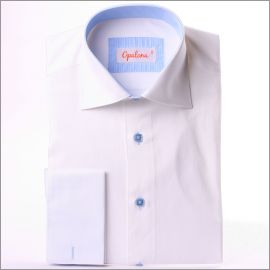 White french cuff shirt with blue stripes collar and cuffs and blue buttons