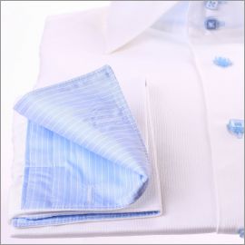 White french cuff shirt with blue stripes collar and cuffs and blue buttons