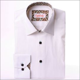 White slim fit shirt with brown and blue patterns collar and brow buttons