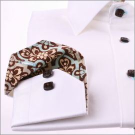 White slim fit shirt with brown and blue patterns collar and brow buttons