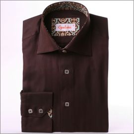 Brown slim fit shirt with beige and blue patterns collar