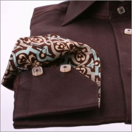 Brown slim fit shirt with beige and blue patterns collar