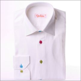 White slim fit shirt with green, blue and pink buttons