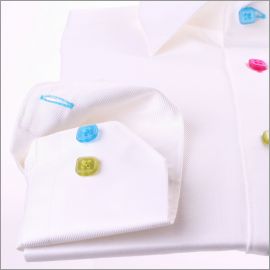 White slim fit shirt with green, blue and pink buttons