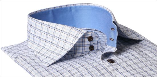 Chemise bleue � carreaux col int�rieur uni bleu