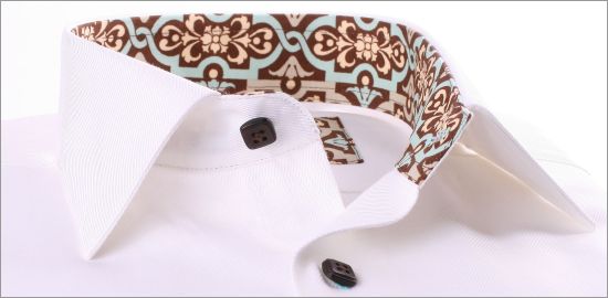 White slim fit shirt with brown and blue patterns collar and brow buttons