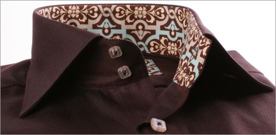 Brown slim fit shirt with beige and blue patterns collar