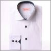 White slim fit shirt with dark blue patterns collar and cuffs and grey buttons