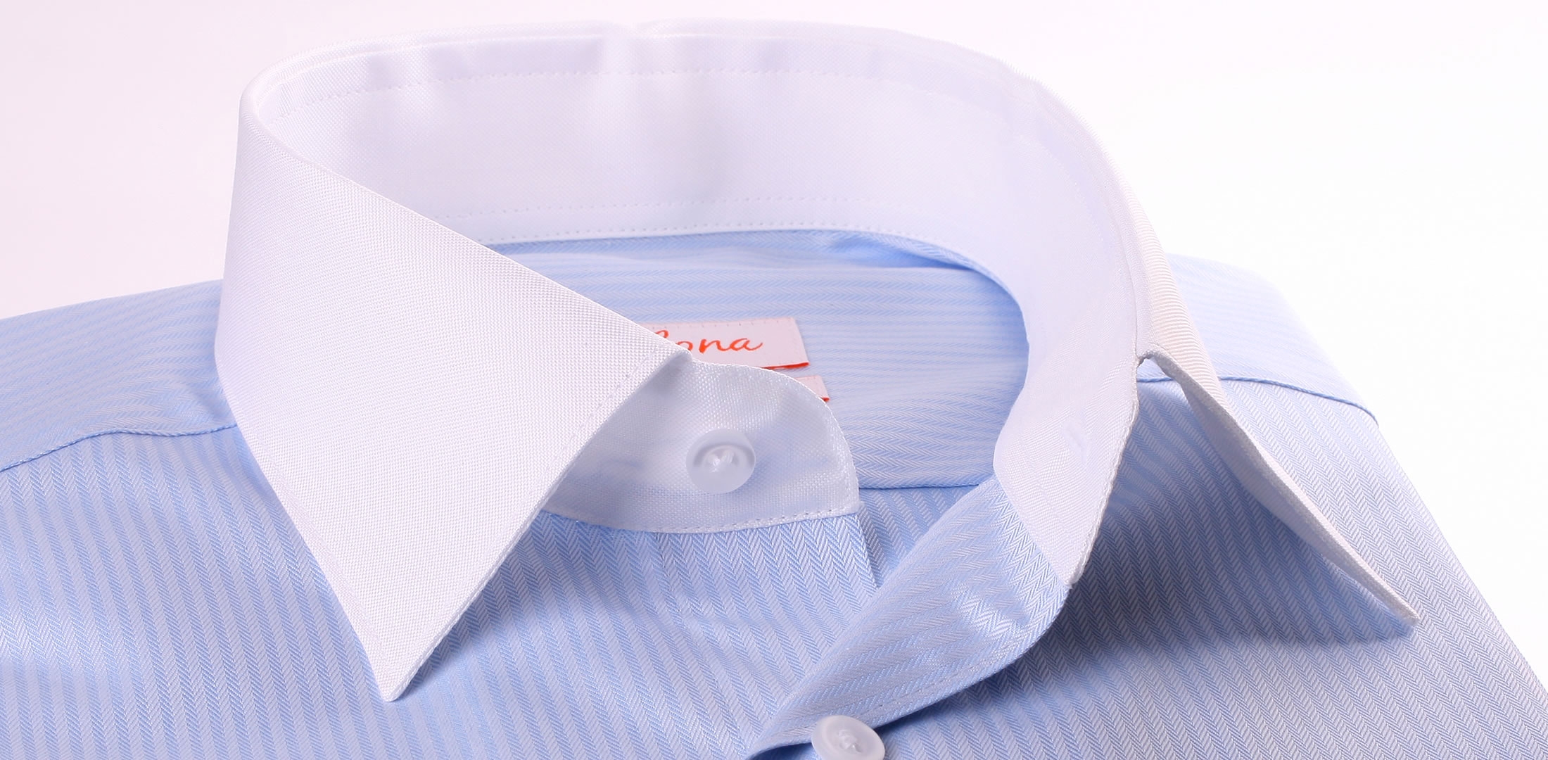 Light blue shirt with white collar and cuffs